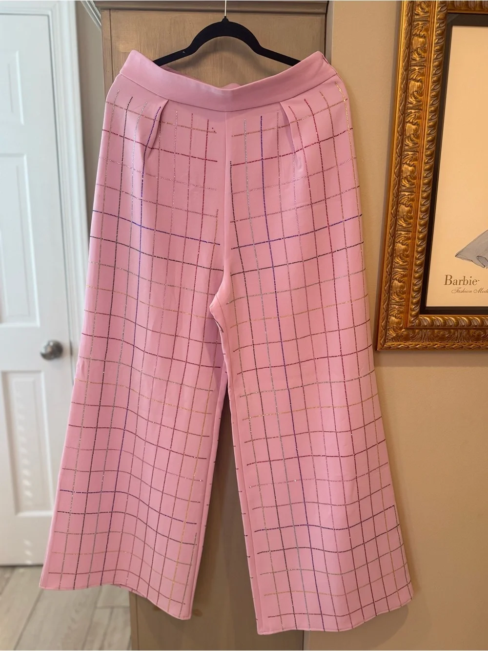 QUEEN OF SPARKLES Pink Rhinestone Plaid Blazer & Wide Leg Pant Set
